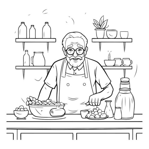 Elderly man cooking in the kitchen. Vector illustration in outli