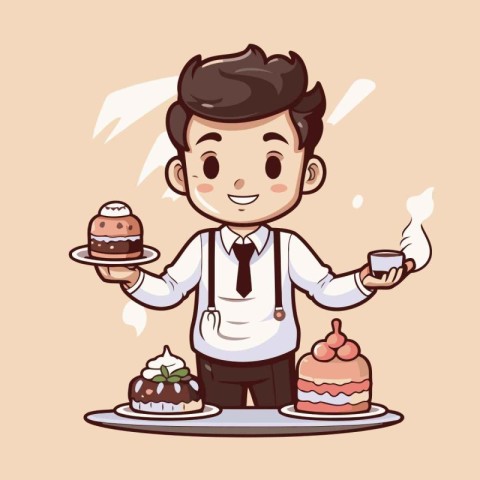 Cute cartoon waiter with a cake and coffee. Vector illustration.