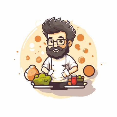 Illustration of a chef with vegetables and fruits. Vector illust