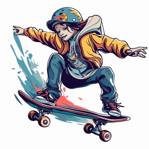 Skateboarder in helmet rides on a skateboard. Vector illustratio