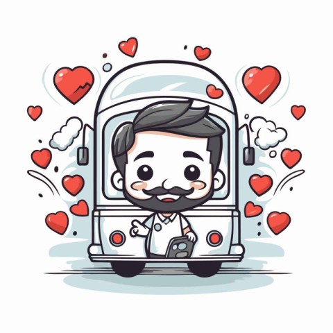 Cute Cartoon Bus Driver with Heart Background. Vector Illustrati