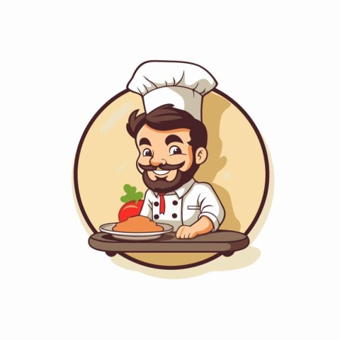 Chef holding a plate with food. Vector illustration in cartoon s