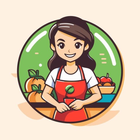 Cute smiling woman in apron standing in front of basket full of