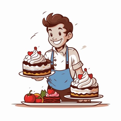 Illustration of a happy chef with a cake. Vector illustration.