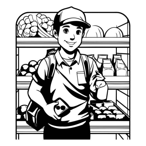 Vector illustration of a supermarket worker in uniform standing