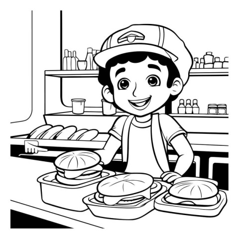 Boy cooking food in the kitchen black and white vector illustrat