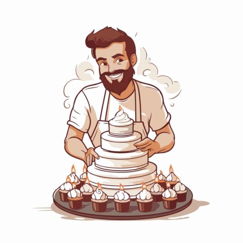 Handsome chef with a big cake. Vector illustration on white back