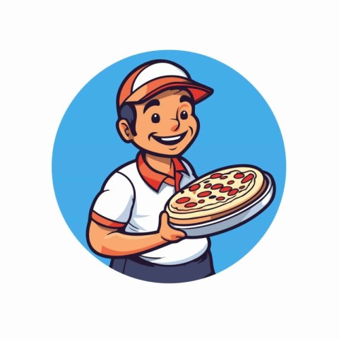 Pizza delivery man cartoon round icon. Vector illustration of pi