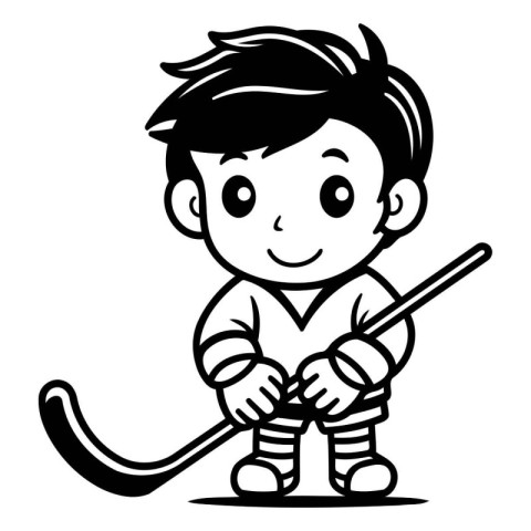 Hockey Player - Black and White Cartoon Illustration. Vector Ico