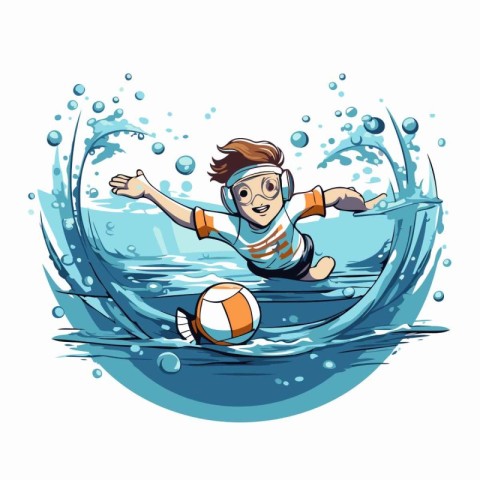 Boy playing with a ball in the water. Vector illustration of a b