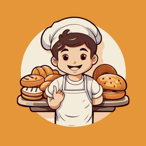 Cartoon chef with a plate of bread. Vector illustration in carto