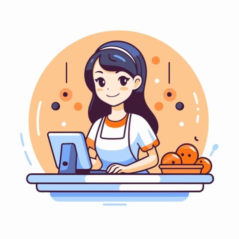 Cute little girl using laptop in the kitchen. Vector illustratio