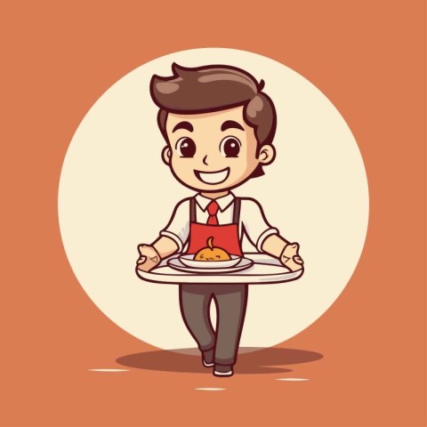 Cute cartoon waiter holding a plate of food. Vector illustration