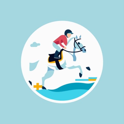 Jockey riding a horse. Flat design vector illustration in circle