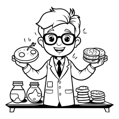 Black and White Cartoon Illustration of Funny Scientist or Profe