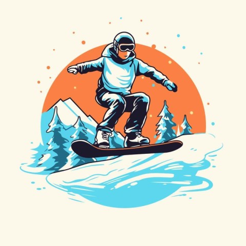 Snowboarder in the mountains. Vector illustration in retro style