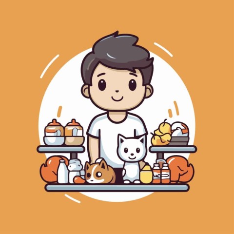 Cute boy with cat and food. Vector illustration in cartoon style