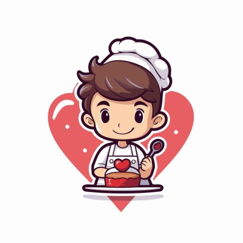 Cute cartoon chef boy with heart and spoon. Vector illustration.