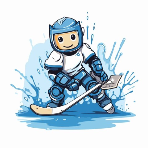 Cartoon ice hockey player with a stick and puck. Vector illustra