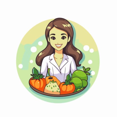 Female nutritionist holding a plate with fresh fruits and vegeta