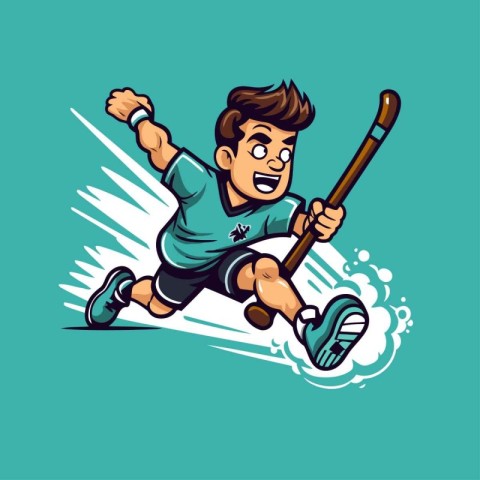 Cartoon illustration of a hockey player running with a stick and