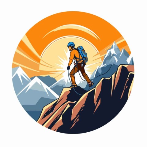 Vector illustration of a mountaineer on the top of a mountain.