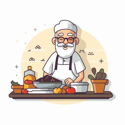 Grandfather cooking in the kitchen. Flat style. Vector illustrat