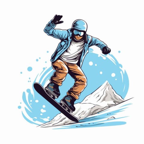 Snowboarder jumping in mountains. Vector illustration in cartoon