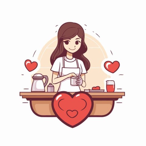 Illustration of a woman cooking in the kitchen with a red heart