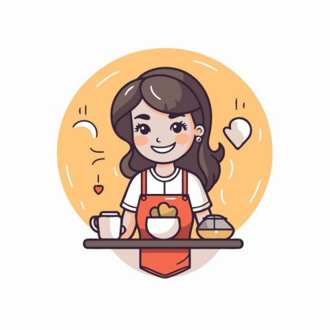 Cute little girl serving coffee. Vector illustration in cartoon