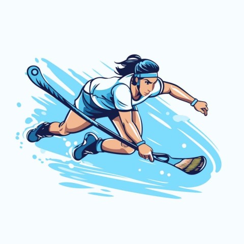 Illustration of a female lacrosse player on a white background.