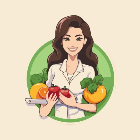 Illustration of a female nutritionist holding fresh fruits and v