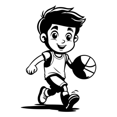 Basketball player running with ball - black and white vector ill