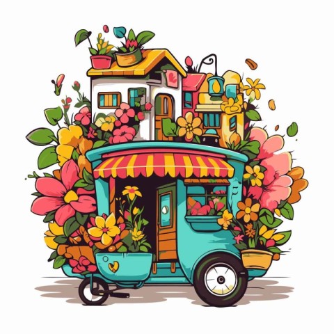 Colorful vector illustration of a street food truck with flowers