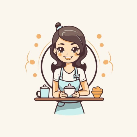 Cute cartoon waitress in apron serving coffee. Vector illustrati