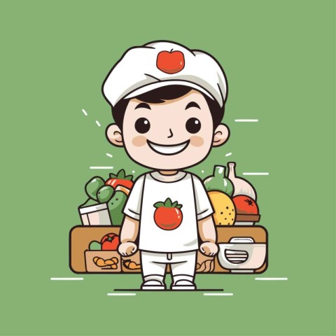 Cute cartoon chef with fresh vegetables and fruits. Vector illus