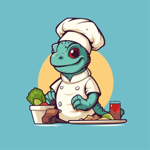 Vector illustration of a cute crocodile chef with vegetables. Ca