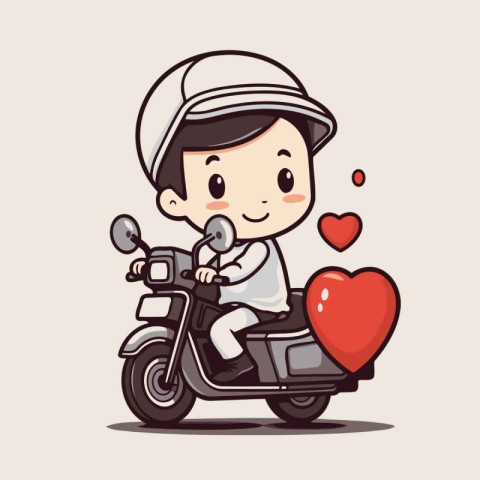 Boy riding a scooter and holding a heart. Vector illustration.