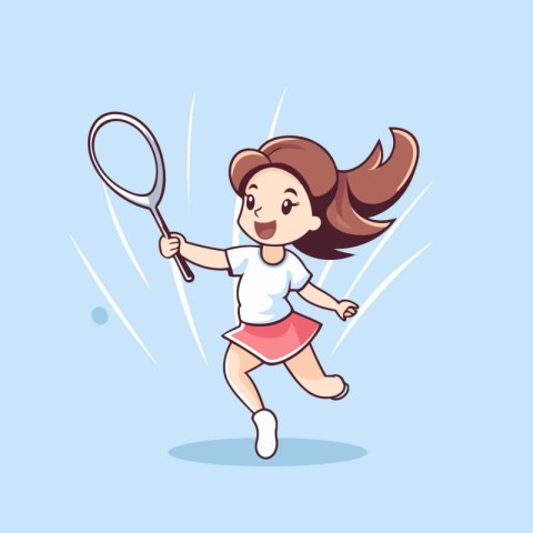 Cute girl playing badminton. Vector illustration in cartoon styl