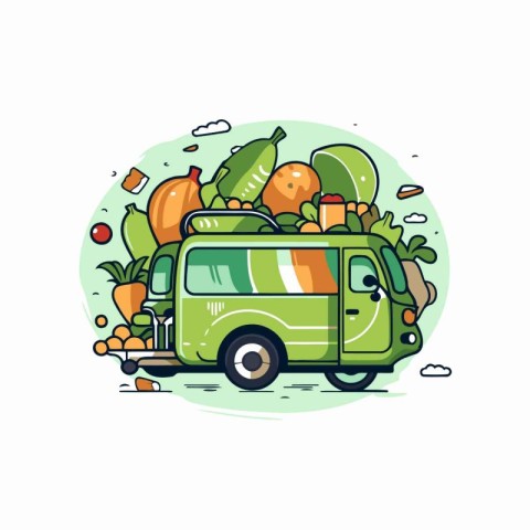 Food truck with fruits and vegetables. Vector illustration in ca