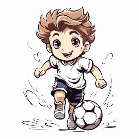 Cute boy playing soccer. Vector illustration isolated on white b