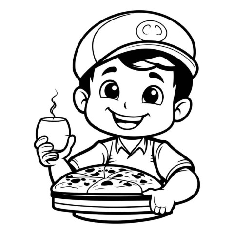 Black and White Cartoon Illustration of Little Boy Holding a Piz