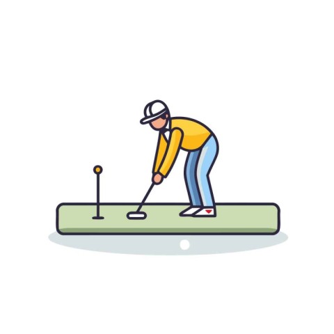 Golf player with ball on hole. Flat style vector illustration.