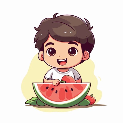 Cute little boy eating watermelon. Vector cartoon character illu