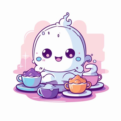 Cute cartoon kawaii monster with coffee cups. vector illustratio