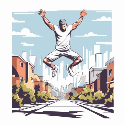 Hip hop dancer jumping on the city street. Vector illustration.