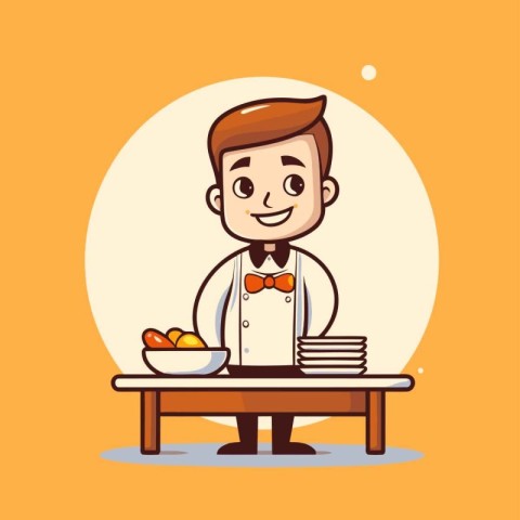 Waiter serving food in the restaurant. Vector cartoon character