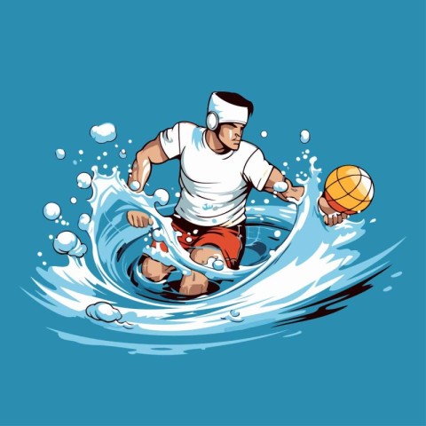 Water polo player on the wave. Vector illustration in cartoon st