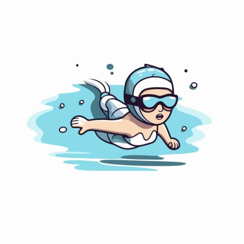 Swimming boy with goggles and cap. Vector illustration on white