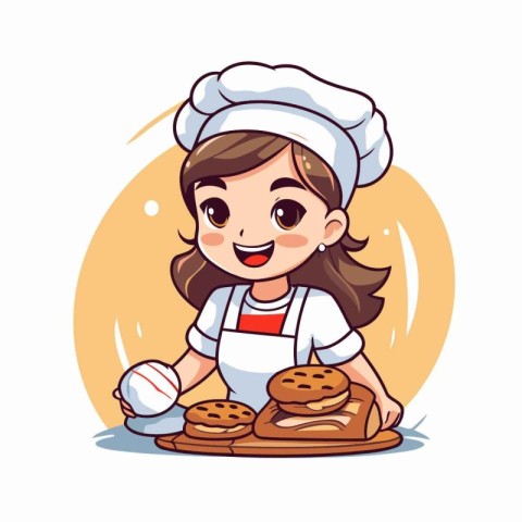 Cute little girl chef with bread and ball. Vector illustration.